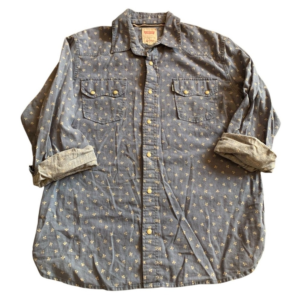 Levis Western Shirt L Blue Linen Cotton Fleur De Lis Snap Front Western Chic